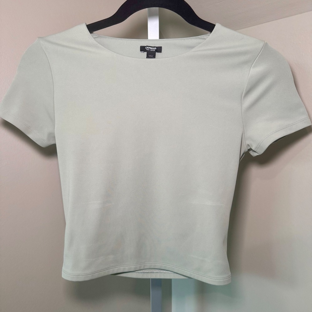 Express Body Contour Top XS Short Sleeve Fitted Crop Sage Green - Picture 5 of 5